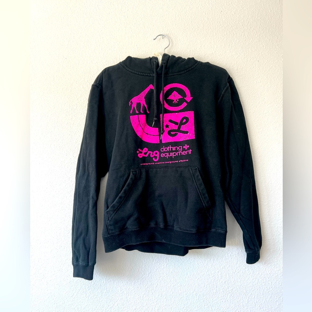 || LRG || BLACK HOODIE SWEATSHIRT || HOT PINK LRG LOGO ||